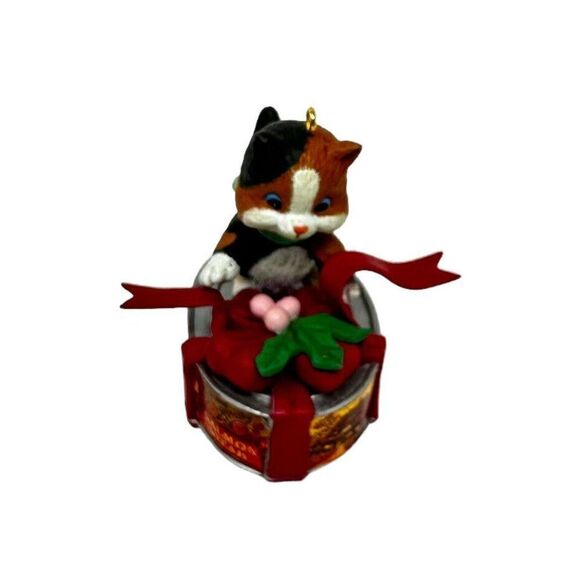 Vintage 1992 Lustre Fame Kitty Cat On Salmon Tin Can 2.25” Ornament - Picture 3 of 8